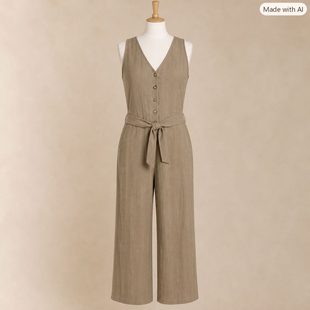 VICI Sleeveless Button‑Front Sage‑Beige Jumpsuit with Tie Waist –Size Small, EUC